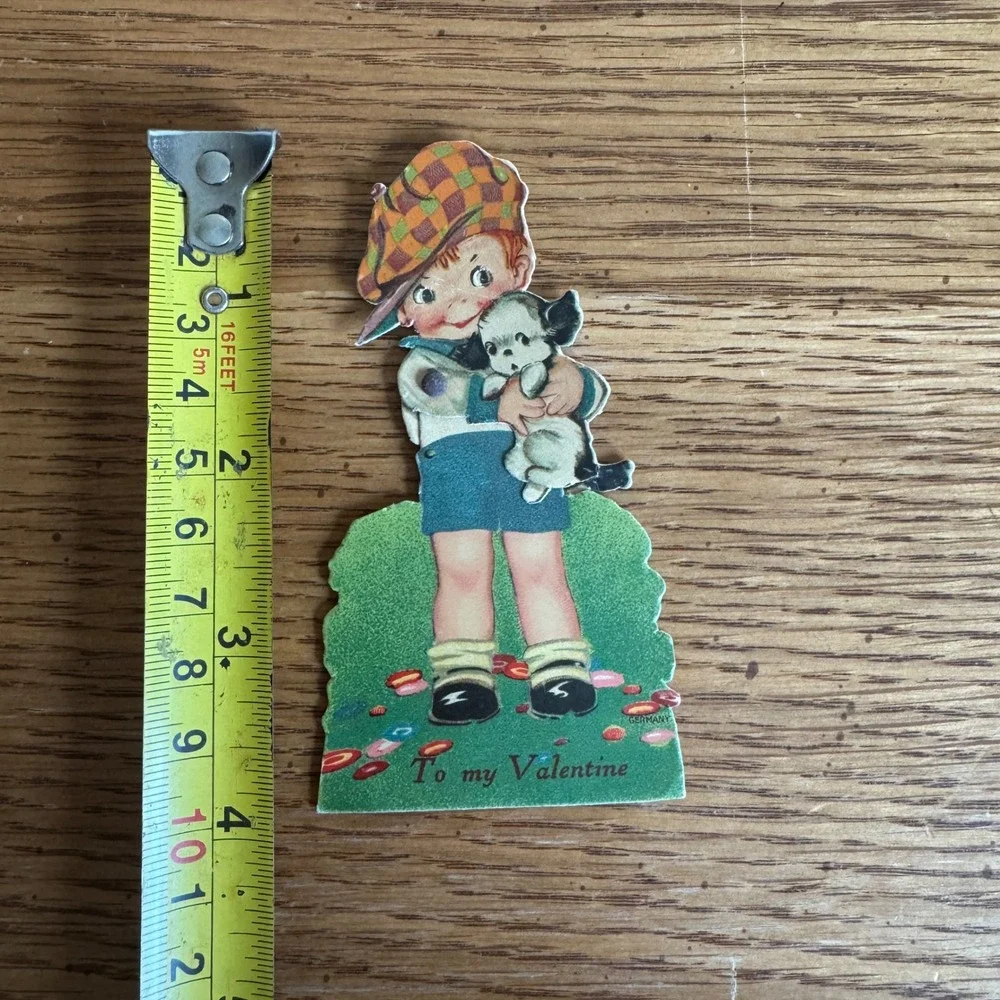 Vintage Valentine Card Boy Holding Puppy Germany‎ Lithograph Retro Collectible